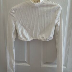 White Ribbed Mock-Neck Cropped Long-Sleeve Top